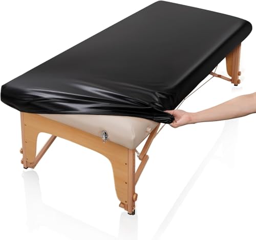 DLAYLQZG PU Leather Massage Table and Bed Cover with Elastic Band, Waterproof & Oilproof, 71 x 32 Inch, Fits 28-32 Wide Beds for Tattoo/Spa/Lash/Waxing, Reusable Wipeable Protector (Black,180x80cm) von DLAYLQZG
