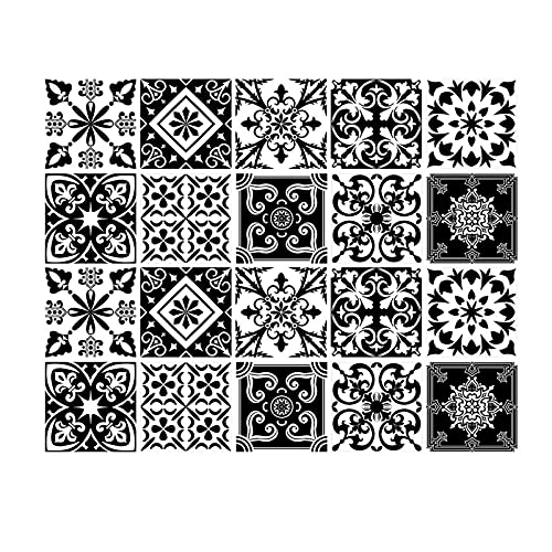 Fliesenaufkleber, 10 cm x 10 cm, für Küche, viktorianischer marokkanischer Stil, selbstklebend, Wanddekoration, Schwarz und Weiß, 20 Stück von DLBX