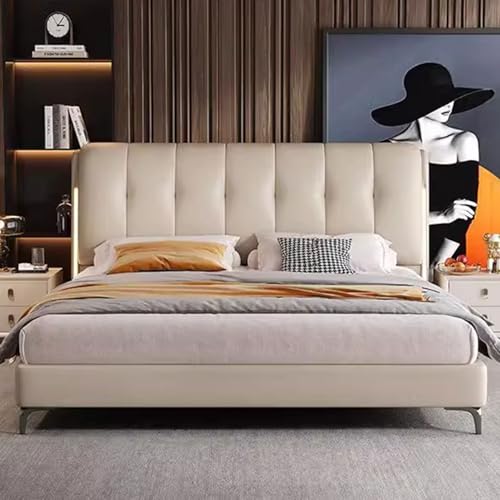 DLCQIJI Beige Modernes Bettgestell in voller Größe, Queensize-Bettgestell, Holzlattenstütze, mit Kopfteil, geräuschfrei von DLCQIJI