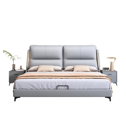 DLCQIJI Blaues modernes Bettgestell in voller Größe, Queen-Size-Plattformbett, ergonomisches gepolstertes Kopfteil, Holzlattenstütze, geräuschfrei von DLCQIJI