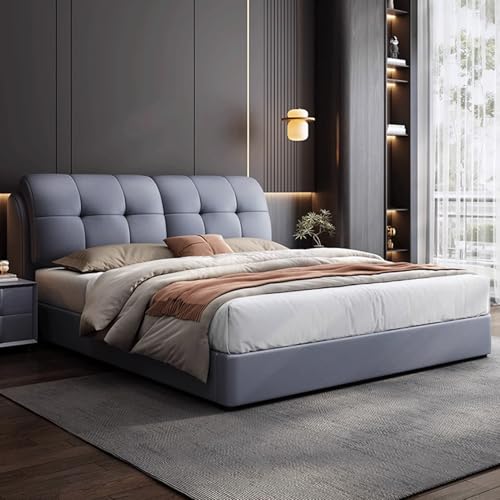 DLCQIJI Blaues modernes Queen-Size-Plattformbett, Leder, gepolstertes Plattformbett, Holzlattenstütze, mit Kopfteil, geräuschfrei von DLCQIJI