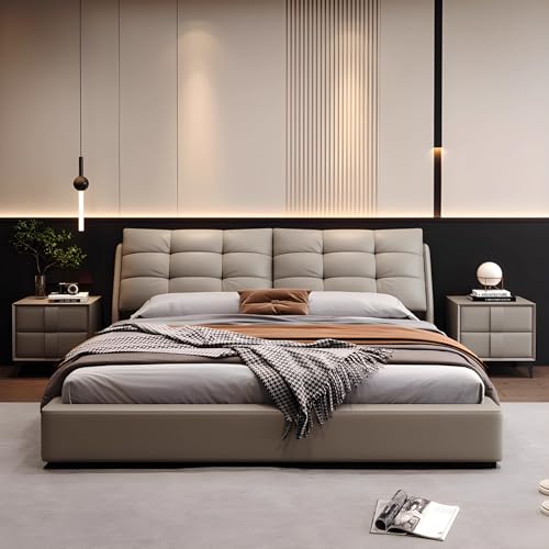 DLCQIJI Braunes modernes Bettgestell in voller Größe, gepolstertes Plattformbett, Holzlattenstütze, ergonomisches gepolstertes Kopfteil, geräuschfrei von DLCQIJI