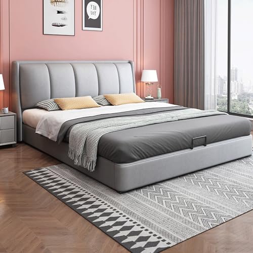 DLCQIJI Graues, modernes Einfachheitsbettrahmen in voller Größe, Queen-Size-Bett, mit Stauraum, Holzlattenstütze, mit Kopfteil, geräuschfrei von DLCQIJI