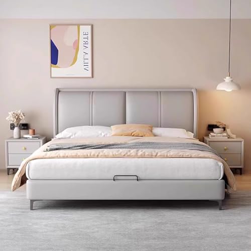 DLCQIJI Graues, modernes Queensize-Bettgestell, Bettgestell in voller Größe, Holzlattenstütze, ergonomisches gepolstertes Kopfteil, geräuschfrei von DLCQIJI