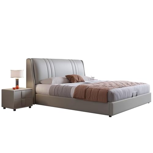 DLCQIJI Graues, modernes Queensize-Bettgestell, Leder-Polsterplattform, Holzlattenstütze, mit Kopfteil, geräuschfrei von DLCQIJI