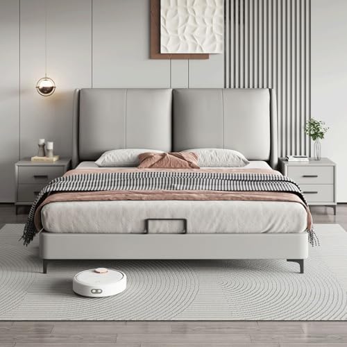 DLCQIJI Graues modernes Queensize-Bettgestell, Leder gepolstertes Plattformbett Holzlatten Stützen, ergonomisches gepolstertes Kopfteil, geräuschfrei DLCQIJI Graues modernes Queensize-Bettgestell, Leder gepolstertes Plattformbett Holzlatten Stützen, ergonomisches gepolstertes Kopfteil, geräuschfrei von DLCQIJI