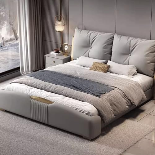DLCQIJI Graues modernes Queensize-Bettgestell, gepolstertes Plattformbett, Holzlattenstütze, mit Kopfteil, geräuschfrei von DLCQIJI