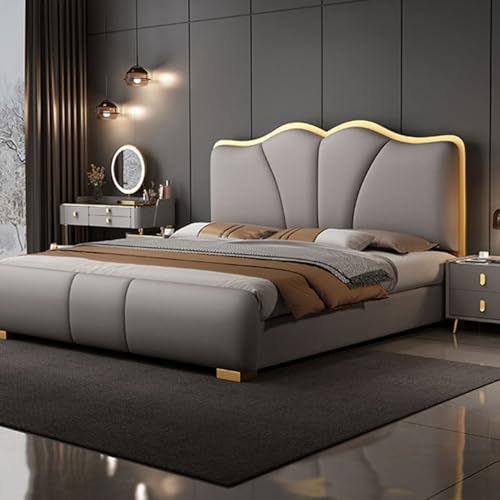 DLCQIJI Graues modernes gepolstertes Plattformbett, Queen-Size-Plattformbett, Holzlattenstütze, mit Kopfteil, geräuschfrei von DLCQIJI
