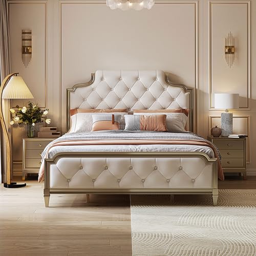 DLCQIJI Helles luxuriöses Queensize-Bettgestell, Leder, gepolstertes Plattformbett, Holzlattenstütze, mit Kopfteil, geräuschfrei DLCQIJI Helles luxuriöses Queensize-Bettgestell, Leder, gepolstertes Plattformbett, Holzlattenstütze, mit Kopfteil, geräuschfrei von DLCQIJI