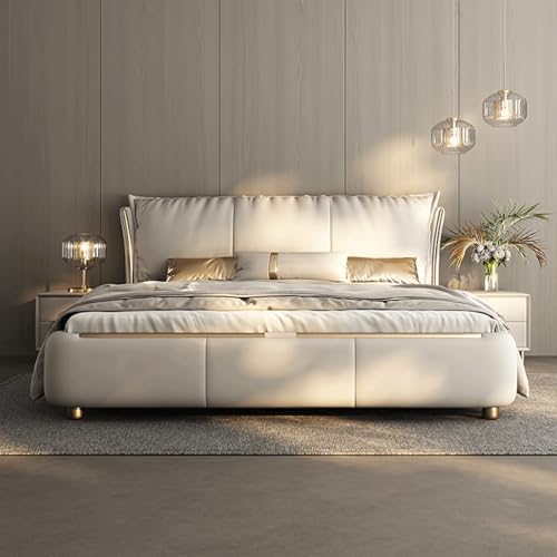 DLCQIJI Leichtes, luxuriöses weißes Bettgestell in voller Größe, Leder-Polsterung, Plattformbett, Holzlattenstütze mit Kopfteil, geräuschfrei DLCQIJI Leichtes, luxuriöses weißes Bettgestell in voller Größe, Leder-Polsterung, Plattformbett, Holzlattenstütze mit Kopfteil, geräuschfrei von DLCQIJI