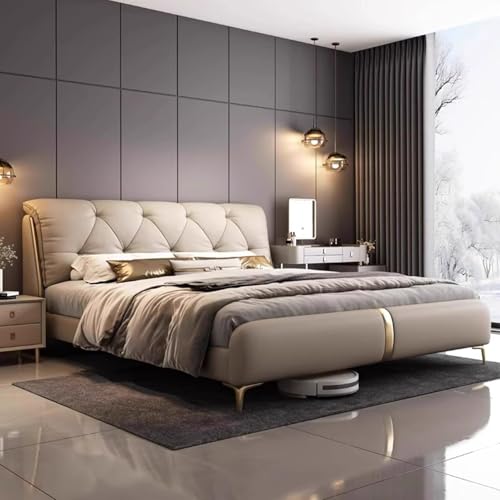 DLCQIJI Leichtes Luxus-Leder-Queen-Size-Plattformbett, ergonomisch gepolstertes Kopfteil, Holzlatten unterstützen geräuschfrei von DLCQIJI