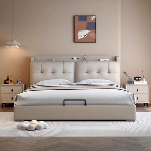 DLCQIJI Modern Simplicity Bettrahmen in voller Größe, ergonomisch gepolstertes Kopfteil, Queen-Size-Bett, mit Stauraum, Holzlatten, geräuschfrei von DLCQIJI