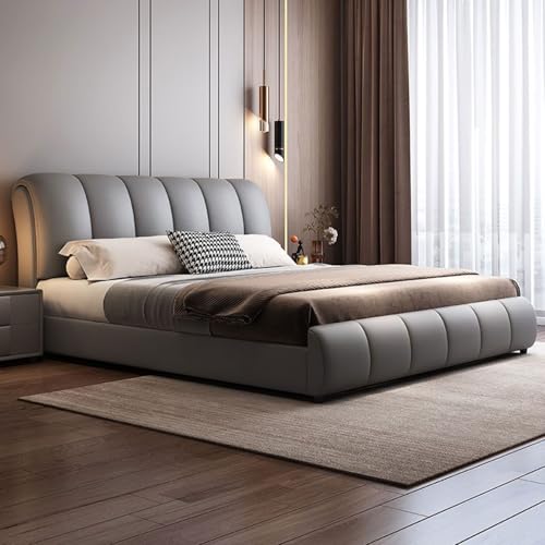 DLCQIJI Modern Simplicity Bettrahmen in voller Größe, ergonomisches gepolstertes Kopfteil, Holzlatten, geräuschfrei, Grau von DLCQIJI