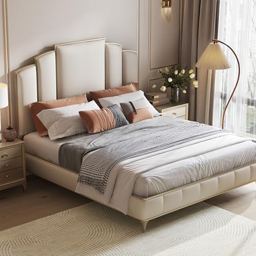 DLCQIJI Modern Simplicity Queensize-Bettgestell, Leder, gepolstertes Plattformbett, Holzlattenstütze, mit Kopfteil, geräuschfrei von DLCQIJI