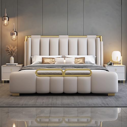 DLCQIJI Modernes, leichtes Luxus-Bettgestell in voller Größe, Queen-Size-Bett, mit Stauraum, Holzlattenstütze, mit Kopfteil, geräuschfrei von DLCQIJI