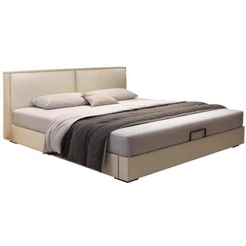 DLCQIJI Modernes Queen-Size-Plattformbett, Holzlattenstütze, ergonomisch, gepolstertes Kopfteil, geräuschfrei, Beige von DLCQIJI