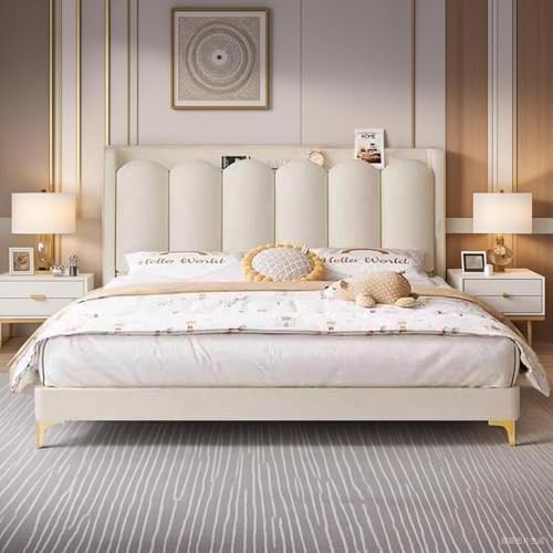 DLCQIJI Modernes Queen-Size-Plattformbett, Leder, gepolsterte Plattform, robuste Holzlattenstütze mit Stauraum, geräuschfrei, Weiß DLCQIJI Modernes Queen-Size-Plattformbett, Leder, gepolsterte Plattform, robuste Holzlattenstütze mit Stauraum, geräuschfrei, Weiß von DLCQIJI
