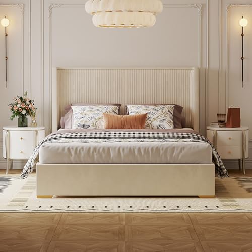 DLCQIJI Modernes Queensize-Bettgestell, gepolstertes Plattformbett, Holzlattenstütze, mit Kopfteil, geräuschfrei, Beige von DLCQIJI