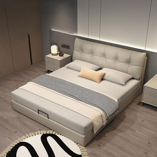 DLCQIJI Modernes beige Queen-Size-Plattformbett, ergonomisch gepolstertes Kopfteil, Holzlatten unterstützen geräuschfrei von DLCQIJI