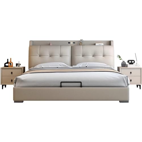 DLCQIJI Modernes graues Queen-Size-Plattformbett, Bettrahmen in voller Größe, ergonomisches gepolstertes Kopfteil, Holzlatten unterstützen geräuschfrei von DLCQIJI