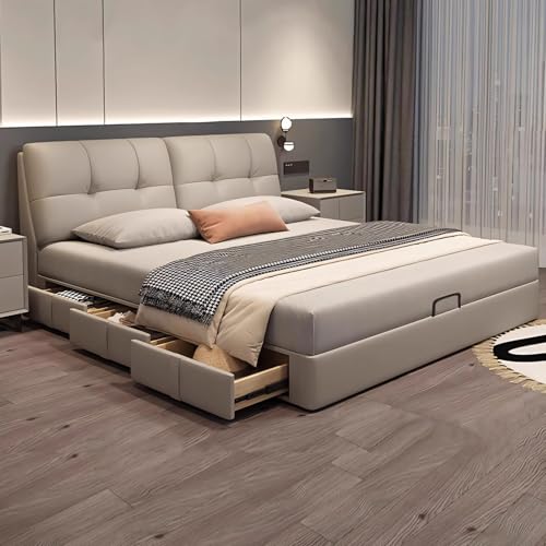 DLCQIJI Modernes graues Queen-Size-Plattformbett, ergonomisches gepolstertes Kopfteil, Holzlattenstütze, mit Kopfteil, geräuschfrei von DLCQIJI