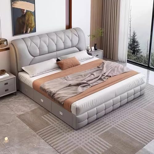 DLCQIJI Modernes graues helles Luxus-Queen-Size-Plattformbett, Leder-Polsterplattform, ergonomisch gepolstertes Kopfteil, Holzlatten unterstützen geräuschfrei von DLCQIJI