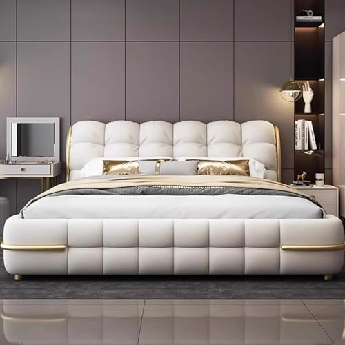 DLCQIJI Modernes weißes Bettgestell in voller Größe, Queen-Size-Plattformbett, ergonomisches gepolstertes Kopfteil, Holzlatten unterstützen geräuschfrei von DLCQIJI