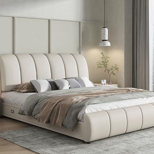 DLCQIJI Modernes weißes Queensize-Bettgestell, gepolstertes Plattformbett, Holzlattenstütze, mit Kopfteil, geräuschfrei von DLCQIJI