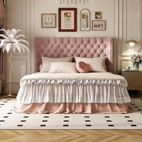 DLCQIJI Rosa Modernes Bettgestell in voller Größe, Leder gepolstertes Plattformbett Holzlattenstütze mit Kopfteil, geräuschfrei von DLCQIJI