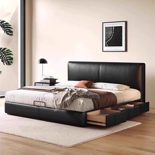 DLCQIJI Schwarz Modern Simplicity Bettrahmen in voller Größe, Leder gepolstertes Plattformbett Holzlattenstütze mit Kopfteil, geräuschfrei von DLCQIJI