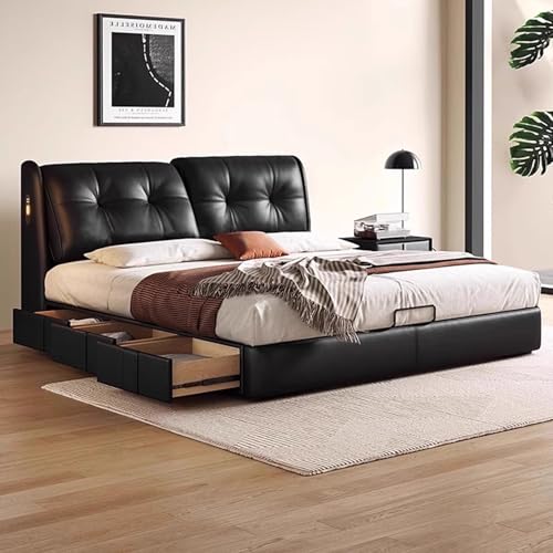 DLCQIJI Schwarzes modernes Bettgestell in voller Größe, Leder, Queen-Size-Bett, mit Stauraum, Holzlattenstütze, mit Kopfteil, geräuschfrei DLCQIJI Schwarzes modernes Bettgestell in voller Größe, Leder, Queen-Size-Bett, mit Stauraum, Holzlattenstütze, mit Kopfteil, geräuschfrei von DLCQIJI