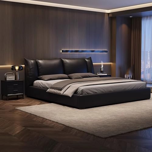 DLCQIJI Schwarzes modernes Queensize-Bettgestell, gepolstertes Plattformbett, Holzlattenstütze, mit Kopfteil, geräuschfrei von DLCQIJI