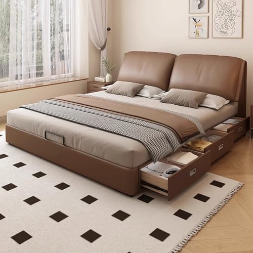 DLCQIJI Vintage Braun Leder Queen Bettgestell Gepolstertes Plattformbett Ergonomisches Gepolstertes Kopfteil mit Kopfteil Geräuschfrei von DLCQIJI