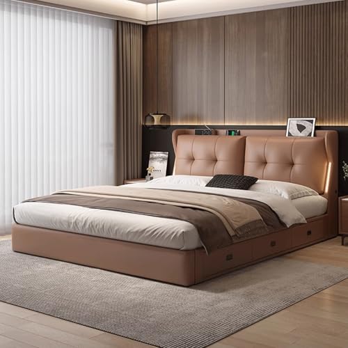 DLCQIJI Vintage Brown Queen Bettgestell Gepolstertes Plattformbett Holzlattenstütze mit Kopfteil Geräuschfrei von DLCQIJI