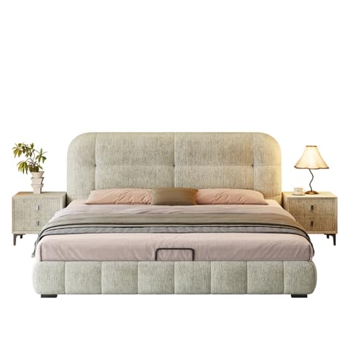 DLCQIJI Weißes Bettgestell im Landhausstil, volle Größe, Queen-Size-Plattformbett, ergonomisches gepolstertes Kopfteil, Holzlatten, Unterstützung geräuschfrei DLCQIJI Weißes Bettgestell im Landhausstil, volle Größe, Queen-Size-Plattformbett, ergonomisches gepolstertes Kopfteil, Holzlatten, Unterstützung geräuschfrei von DLCQIJI