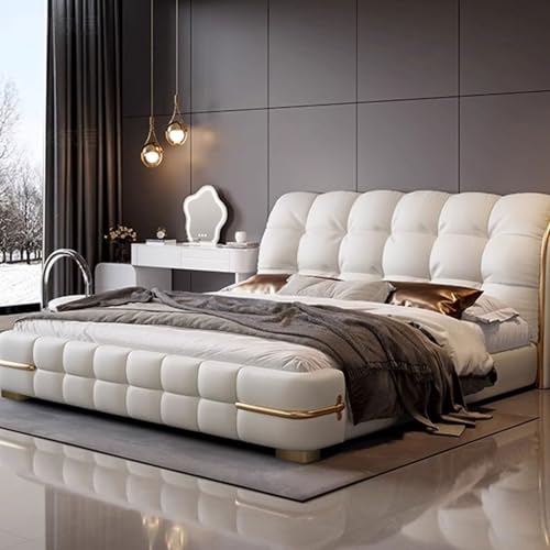 DLCQIJI Weißes modernes Bettgestell in voller Größe, Queensize-Bettgestell, ergonomisches gepolstertes Kopfteil, Holzlatten unterstützen geräuschfrei von DLCQIJI