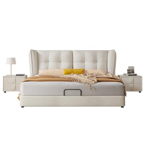 DLCQIJI Weißes modernes Leder-Queen-Size-Plattformbett, ergonomisch gepolstertes Kopfteil, Holzlatten unterstützen geräuschfrei von DLCQIJI