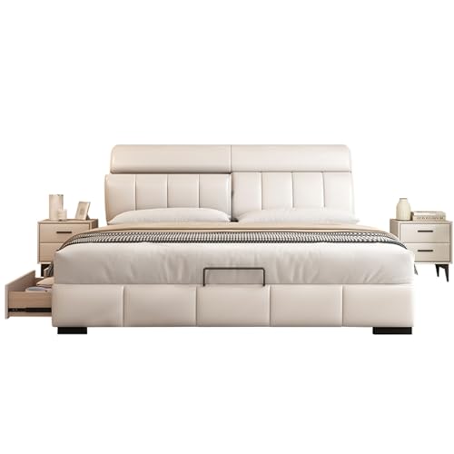 DLCQIJI Weißes modernes Queensize-Bettgestell, gepolstertes Plattformbett, Holzlattenstütze, ergonomisches gepolstertes Kopfteil, geräuschfrei von DLCQIJI