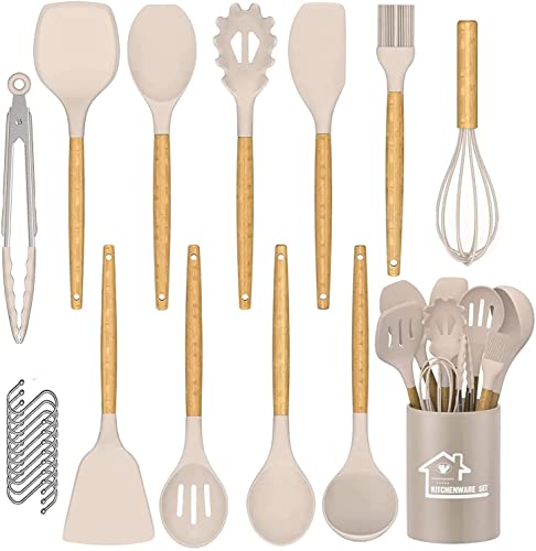 DLD Küchenutensilien-Set, 22-teiliges Premium-Küchenutensilien-Spachtel-Set mit Halter, antihaftbeschichtetes, hitzebeständiges Küchenutensil mit natürlichem Holzgriff (Khaki) von DLD