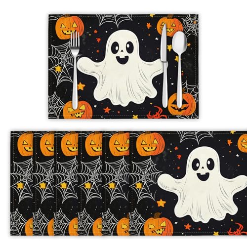 Cartoon-Geist Tischsets 2er Set, 45x30 cm Abwaschbare Leinen Platzsets Spinnennetz Und Sterne Tischsets Tischdekoration für Zuhause Restaurant Küche, Schwarz und Weiß von DLERFLOVR
