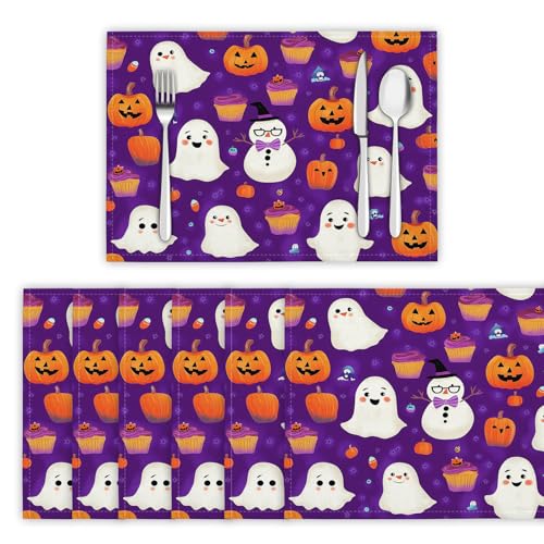 Cartoon-Geist Tischsets Abwaschbar 2er Set, Platzdeckchen rutschfest Hitzebeständig Kürbis Und Muffins Platzsets für küche Speisetisch Hotel, Platz-Matten 30 x 45cm, Dunkelviolett von DLERFLOVR