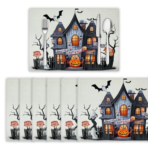 Cartoon-Halloween Tischsets 8er Set, 45x30 cm Abwaschbare Leinen Platzsets Gruseliges Spukhaus Tischsets Tischdekoration für Zuhause Restaurant Küche, Grau von DLERFLOVR