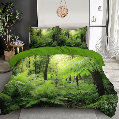 DLERFLOVR Bettwäsche 135x200cm - 3Teilig Polyester Bettwaesche Set Farne Wende Deckenbezug Neuseeländischer Regenwald, Bettbezug Mit ReißverschlussSmaragdgrün von DLERFLOVR