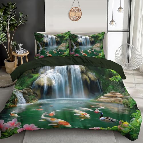 DLERFLOVR Bettwäsche 135x200cm Koi Bettwäsche Sets Waldlotusteich Bettbezug Bügelfrei & Knitterfrei Deckenbezug mit Reißverschluss und Kissenbezug 80x80 cm von DLERFLOVR