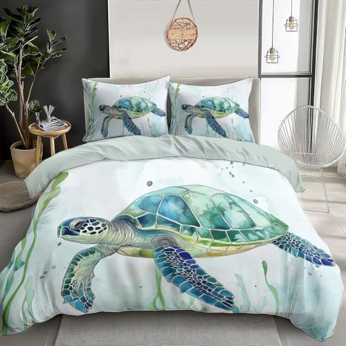 DLERFLOVR Bettwäsche 135x200cm Schildkröte Wende Bettwäsche Set Aquarell TiereBettbezug Bettgarnitur mit Reißverschluss und 1 Kissenbezug 80x80 cm von DLERFLOVR