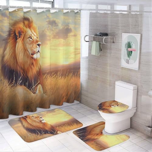 DLERFLOVR Dämmerungsgrasland Duschvorhang Badezimmermatte 4-Teiliges Set - Löwe Mit Rutschfesten Teppichen Toilettendeckelabdeckung Und Badematte Badezimmer-Dekor-Set DLERFLOVR Dämmerungsgrasland Duschvorhang Badezimmermatte 4-Teiliges Set - Löwe Mit Rutschfesten Teppichen Toilettendeckelabdeckung Und Badematte Badezimmer-Dekor-Set von DLERFLOVR
