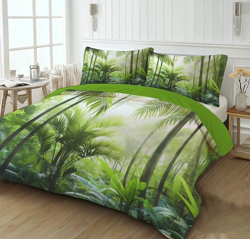 DLERFLOVR Große Palmen Wende Bettbezug 135x200cm, Tropischer Regenwald, Bettwäsche Set Bügelfrei & Knitterfrei Bettbezügen Deckenbezug mit Kissenbezug Smaragdgrün von DLERFLOVR