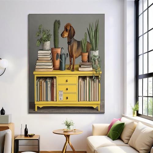 DLERFLOVR Leinwand Bilder Gelbes Sideboard Kaktus Bild auf Leinwand Poster Dackel Hochwertige Wandbilder für Wohnzimmer Schlafzimmer Heimbüro Restaurant Wanddekoration 80L x 120B cm, Anthrazitgrau von DLERFLOVR