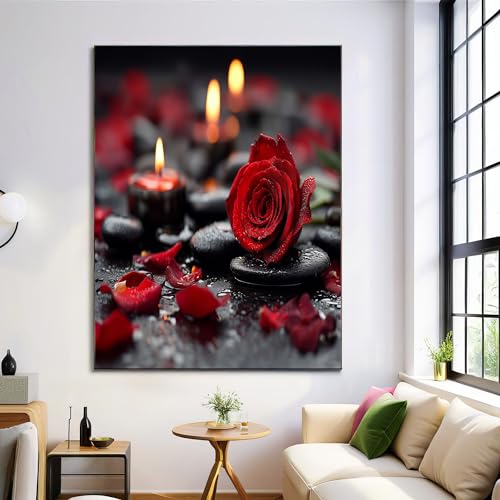 DLERFLOVR Leinwand Bilder Kerze Rote Rosen Bild auf Leinwand Romantisches Thema Vlies Wandbilder Kunstdruck Wanddeko für Wohnzimmer Schlafzimmer Küche, 80L x 120B cm, Rot von DLERFLOVR