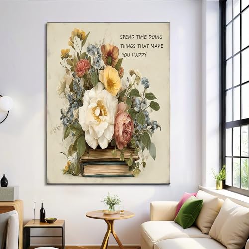 DLERFLOVR Leinwand Bilder Vintage Bücher Und Blumen, Wandbilder Wohnzimmer Französischer Stil Wanddeko Kunstdruck Zimmer Deko für Schlafzimmer Esszimmer Büro, 50L x 70B cm, Hellbraun von DLERFLOVR